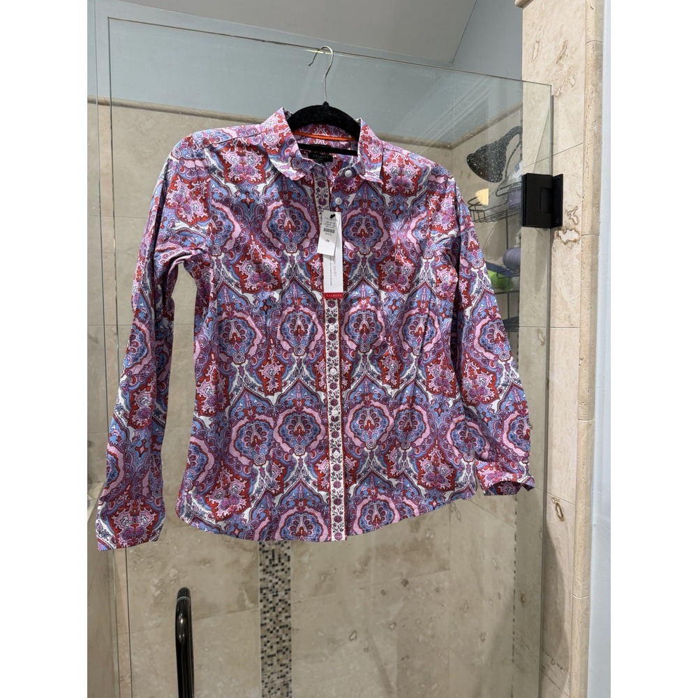 Talbots Perfect Shirt Pink Blue Medallion Paisley Non-Iron Button Up Women’s 4p